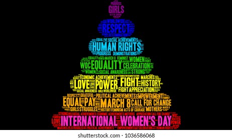 International Women's Day word cloud on a black background. 