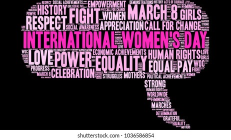 International Women's Day word cloud on a black background. 