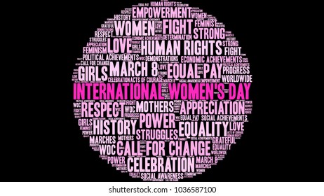 International Women's Day word cloud on a black background. 