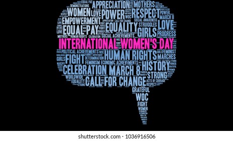 International Women's Day word cloud on a black background. 