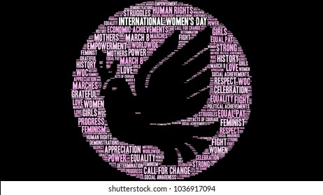 International Women's Day word cloud on a black background. 