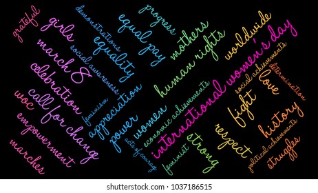 International Women's Day word cloud on a black background. 