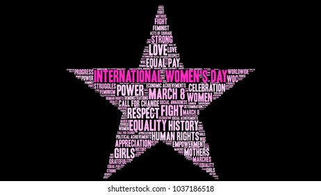 International Women's Day word cloud on a black background. 