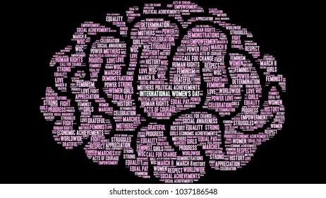 International Women's Day word cloud on a black background. 