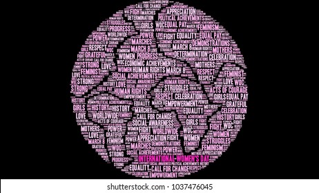 International Women's Day word cloud on a black background. 