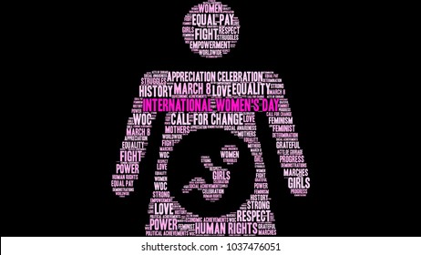 International Women's Day word cloud on a black background. 