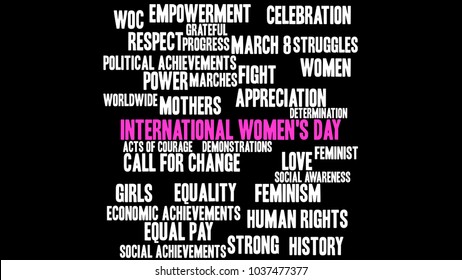 International Womens Day word cloud on a black background. 