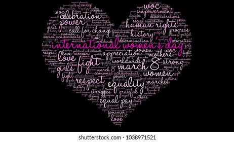 International Women's Day word cloud on a black background. 