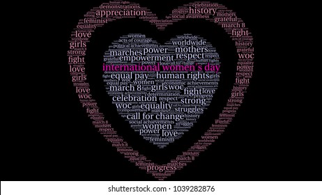 International Women's Day word cloud on a black background. 