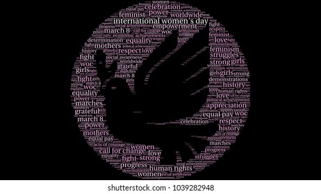 International Women's Day word cloud on a black background. 