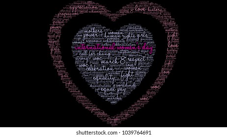 International Women's Day word cloud on a black background. 