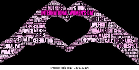 International Women's Day word cloud on a black background. 