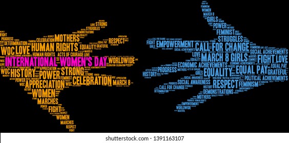 International Women's Day word cloud on a black background. 