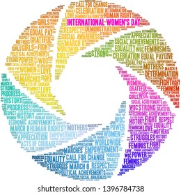 International Women's Day word cloud on a white background. 