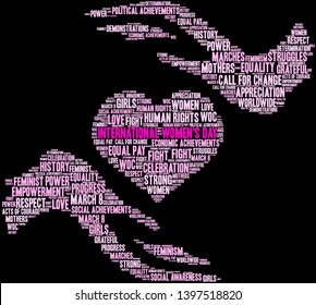 International Women's Day word cloud on a black background. 