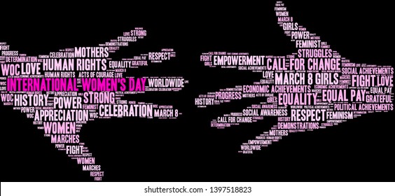 International Women's Day word cloud on a black background. 