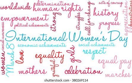 International Women's Day word cloud on a white background. 