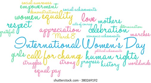 International Women's Day word cloud on a white background. 