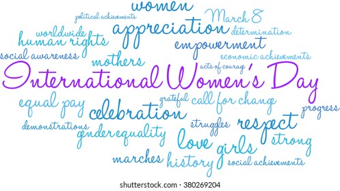 International Women's Day word cloud on a white background. 