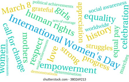 International Women's Day word cloud on a white background. 