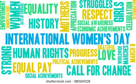 International Women's Day word cloud on a white background. 