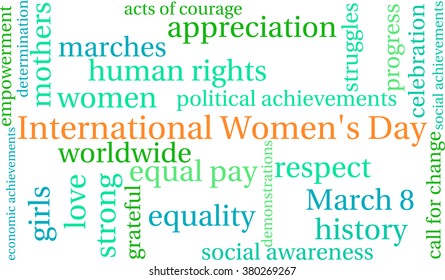 International Women's Day word cloud on a white background. 