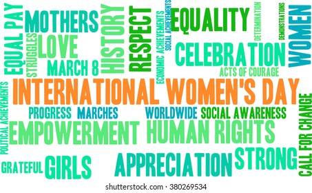 International Women's Day word cloud on a white background. 