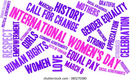 International Women's Day word cloud on a white background. 