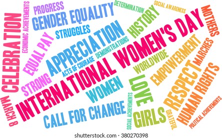 International Women's Day word cloud on a white background. 