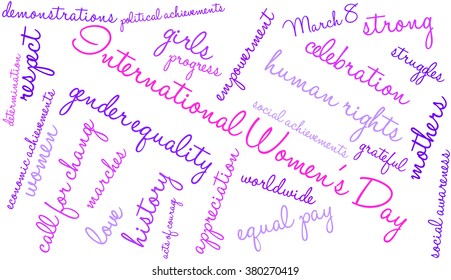International Women's Day word cloud on a white background. 