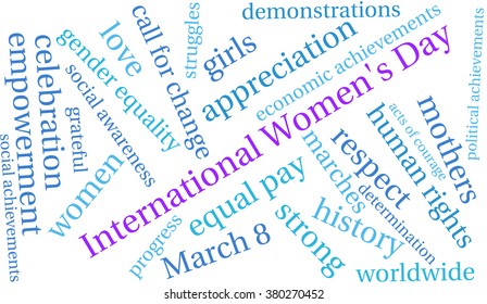 International Women's Day word cloud on a white background. 
