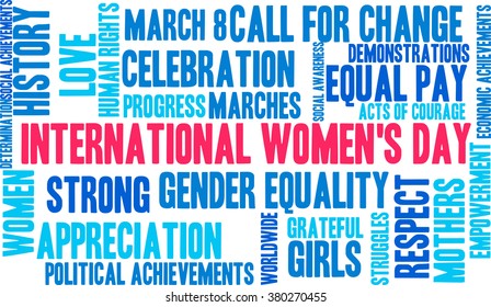 International Women's Day word cloud on a white background. 
