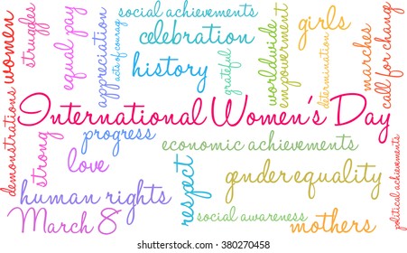 International Women's Day word cloud on a white background. 