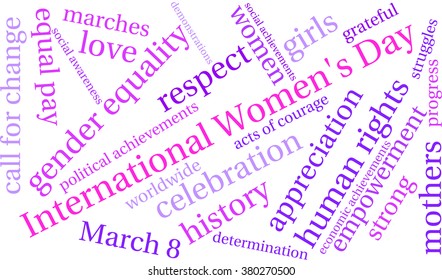 International Women's Day word cloud on a white background. 