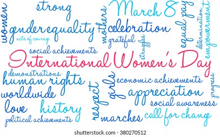 International Women's Day word cloud on a white background. 