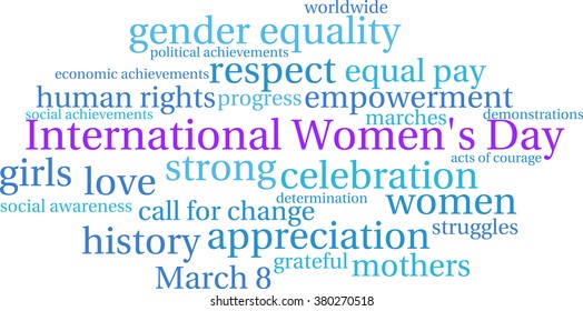 International Women's Day word cloud on a white background. 