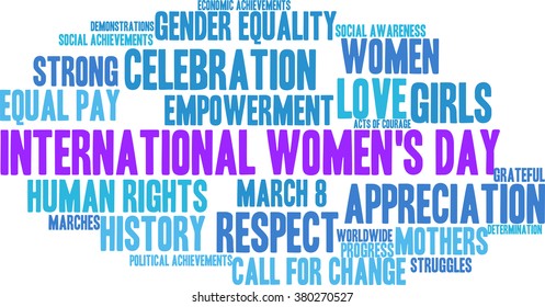 International Women's Day word cloud on a white background. 