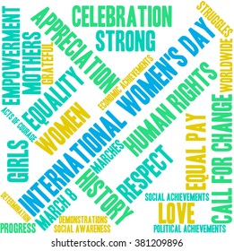 International Women's Day word cloud on a white background. 