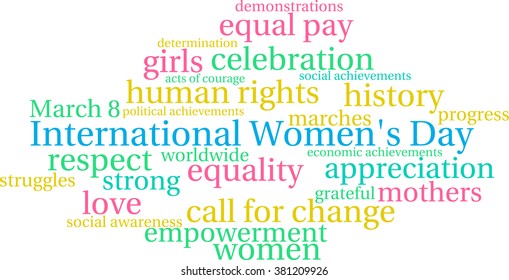 International Women's Day word cloud on a white background. 