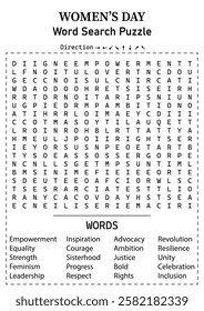 International Women's Day Word Search 17x17 Puzzle Game for Kids, Teens and Adults - Hard, Fun and Educational Activity Page with Hidden Words