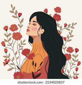 Día Internacional de la Mujer. Mujer joven en flores. Postal de Anuncio festivo de Vector 8 de marzo. Concepto de feminismo, empoderamiento de la mujer, igualdad de género