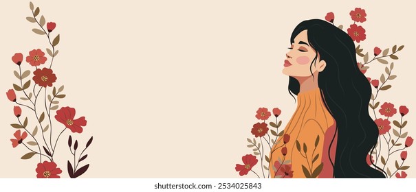 International Women's Day. Young woman in flowers. Vector festive banner postcard 8 March with place for text. Feminism, women's empowerment, gender equality