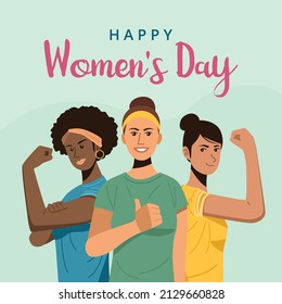 International women's day. Young women with their arms raised up. Vector