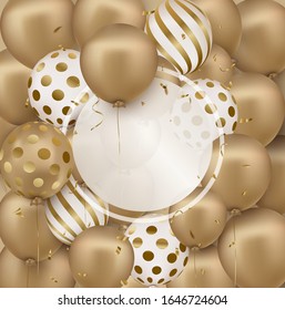 International women's day.8 March. Anniversary. Birthday background with gold balloons, party decorations,confetti, round frame.Concepts for web banner, social networks, promotional sales.Vector.
