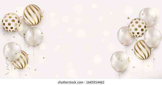 International women's day.8 March. Celebration design with white helium balloons, flying confetti on a white. Anniversary. Happy birthday greeting card, template for sales, promotion, invitation. 