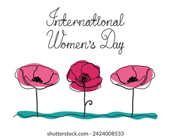 International Women's Day.Abstract poppy flower. continuous one line art hand drawing sketch card