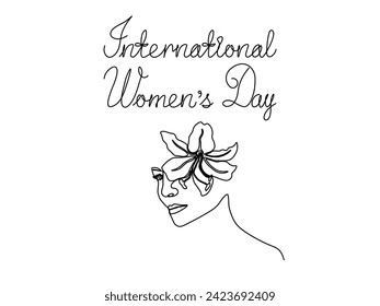 International Women's Day.Abstract woman face with flower. continuous one line art hand drawing sketch card