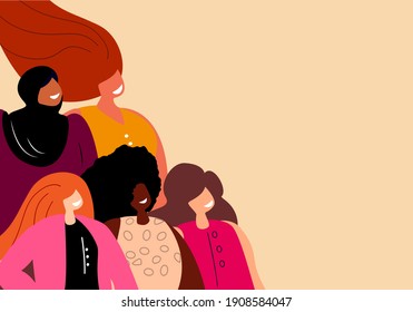 International Women's Day.Multi-Ethnic Women.A Group of Beautiful Women with different beauty,Hair,Skin Color.The Femininity concept, Diversity,Independence,Equality. Struggle for freedom Illustration