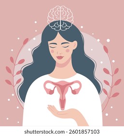 International Women's Health Day. Mental health. Woman in flowers with uterus in hands and brain above head, reflects awareness, care for your health. Vector illustration for health projects