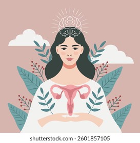 International Women's Health Day. Mental health. Woman in flowers with uterus in hands and brain above head, reflects care about her health, awareness. Vector illustration for psychology projects